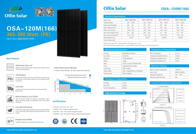 380W painel impermeável solar Monocrystalline da energia solar de painel IP67 0